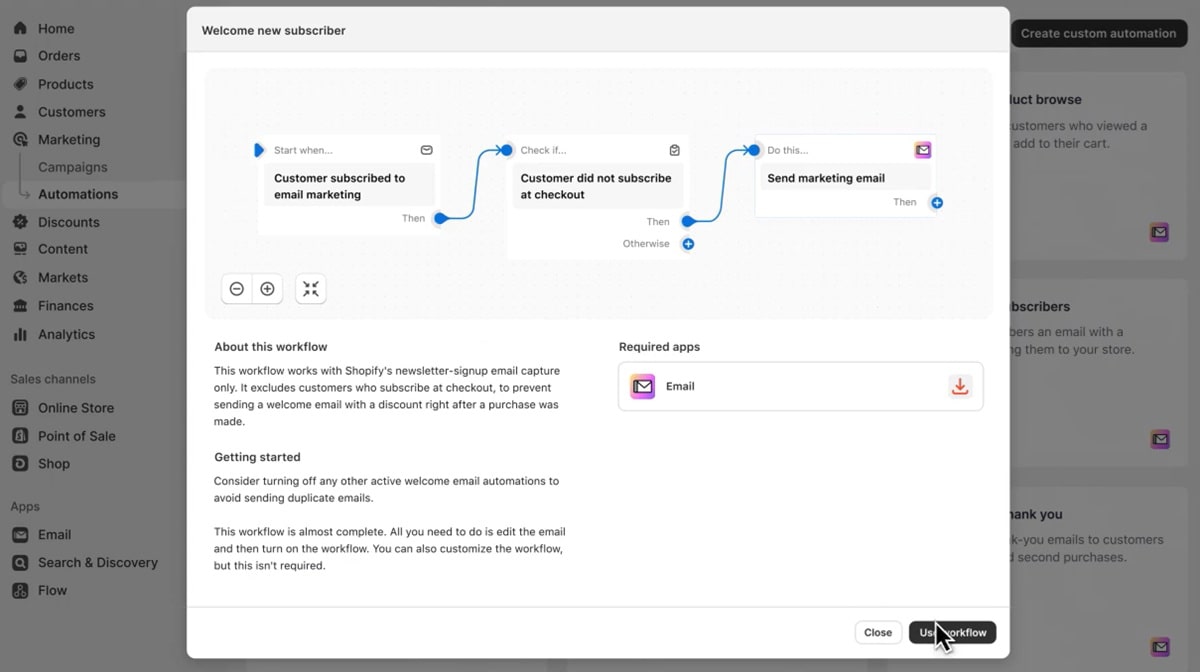 Shopify welcome email automation workflow diagram showing trigger setup, conditions, and actions for new subscriber onboarding campaigns